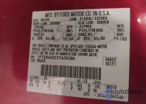 2003 Ford Ranger Edge/Xlt z USA, uszkodzony, nr VIN 1FTZR45E23TA50586